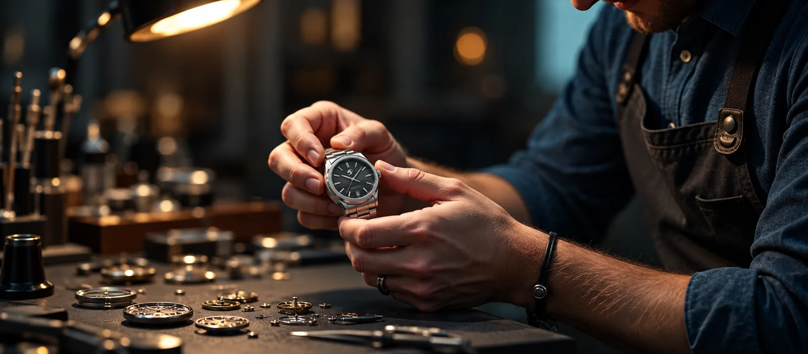 A watchmaker assembling a timepiece at a workbench, movement parts and tools laid out around it